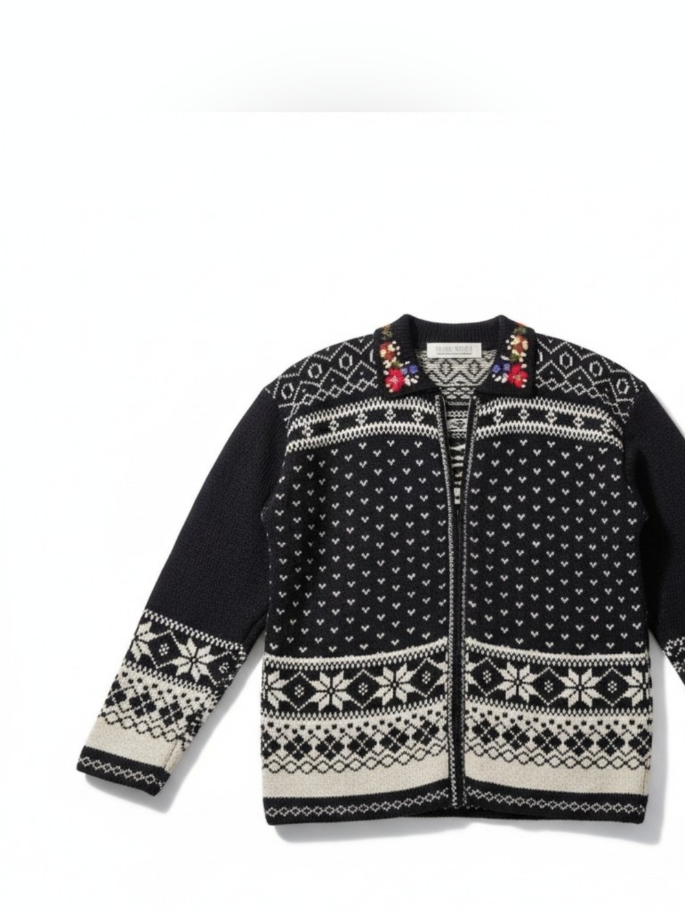 Vintage 90s Karen Scott M Black Nordic Zip up Cardigan Sweater Cottage Fair Isle